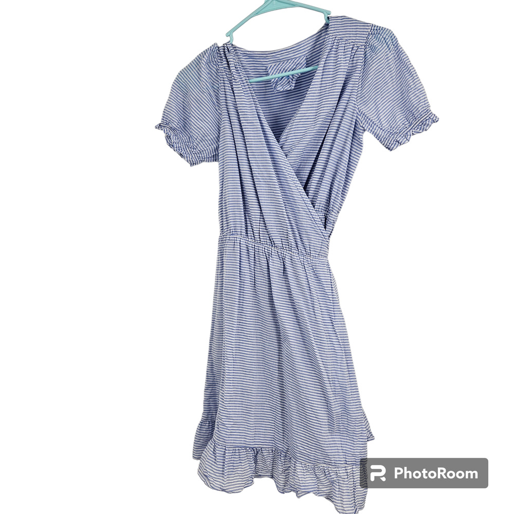 Loup Charmant Dress Blue White Parrot Striped Cotton-Voile Mini Wrap Size XS - Picture 2 of 7